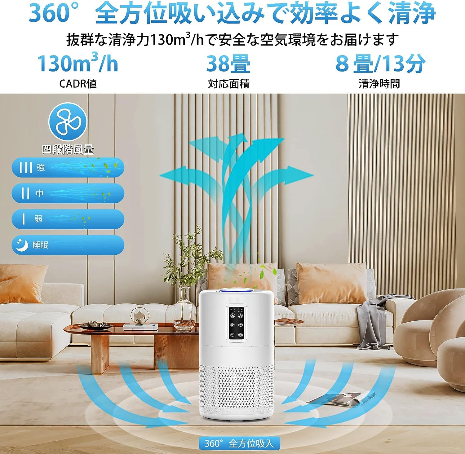 空気清浄機【 38畳対応・ 強力浄化】小型 花粉対策 3重濾過システム 