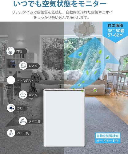 空気清浄機 50畳対応 パワフル 静音 空気洗浄機 高性能 集じん 除菌 HEPAフィルター PM2.5自動検知 空気清浄器 3段階風量調節 くうき清浄機 タイマー 睡眠モード&オートモード 花粉 アレルギー対策 浮遊ウイルス ホコリ除去 ペット タバコ カビ取り 省エネ コンパクト  (ホワイト)